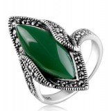 Titanium silver natural green agate fashion vampire's ring